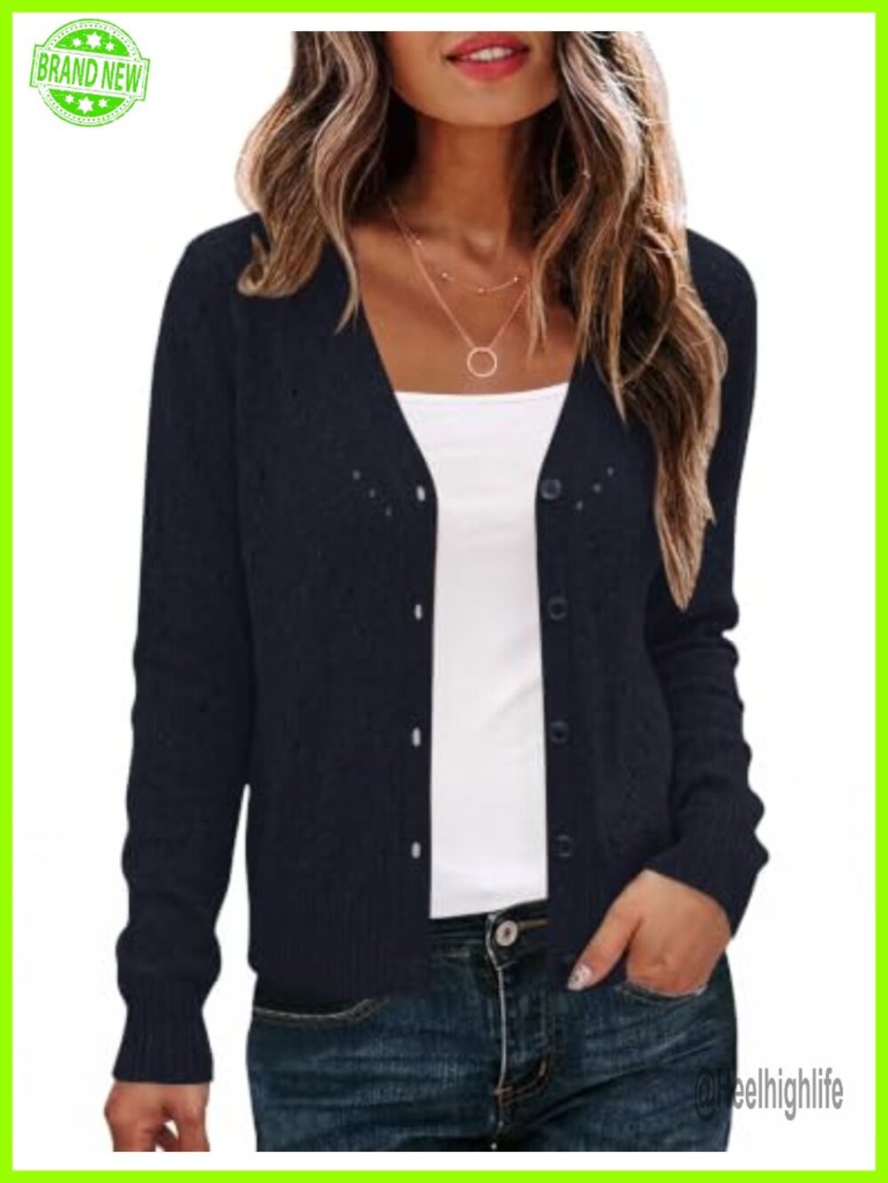 Crochet V-Neck Open Front Button Cardigan Sweater